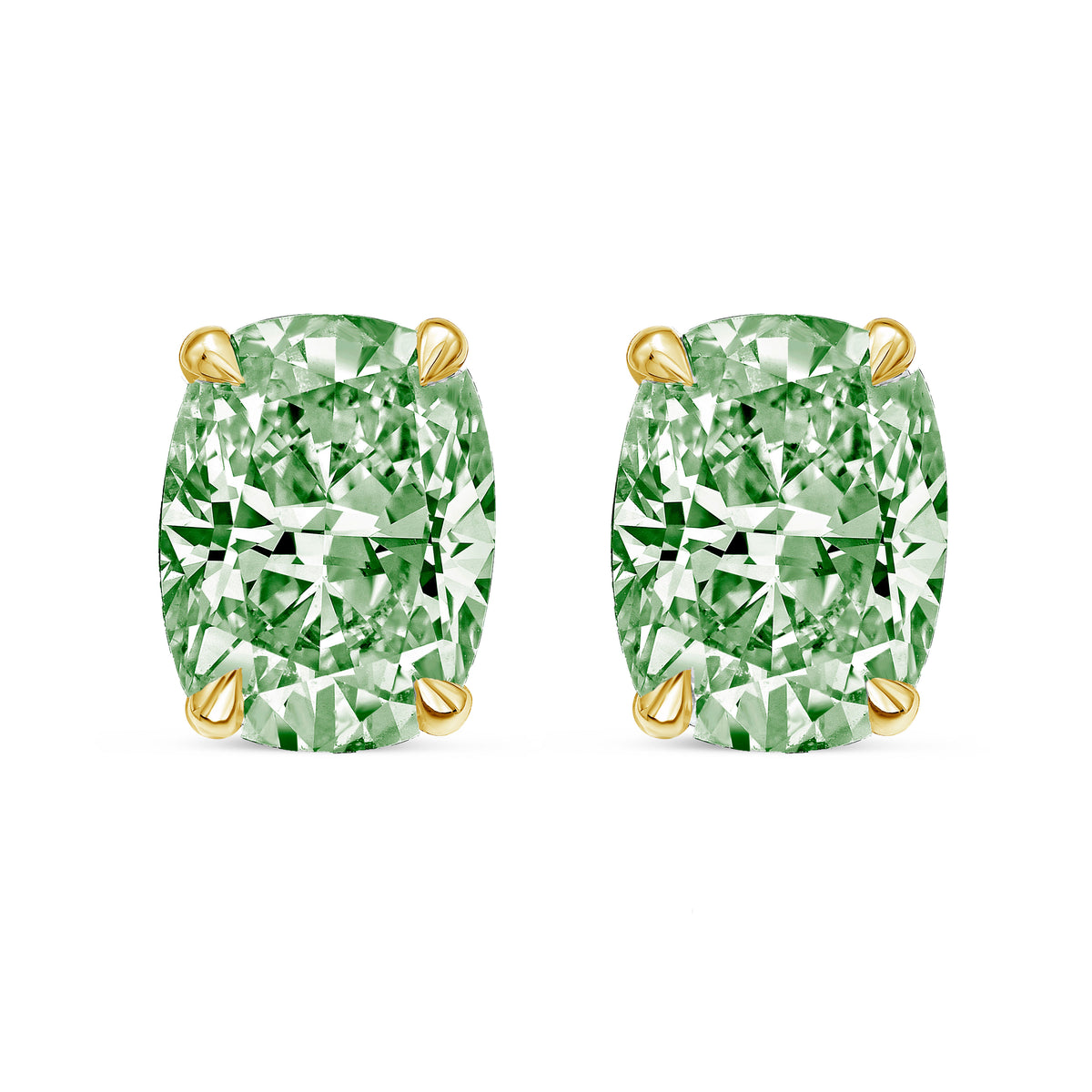 Lab-Grown Green Cushion Cut Diamond Stud Earrings, 4-Prong, 14K Gold