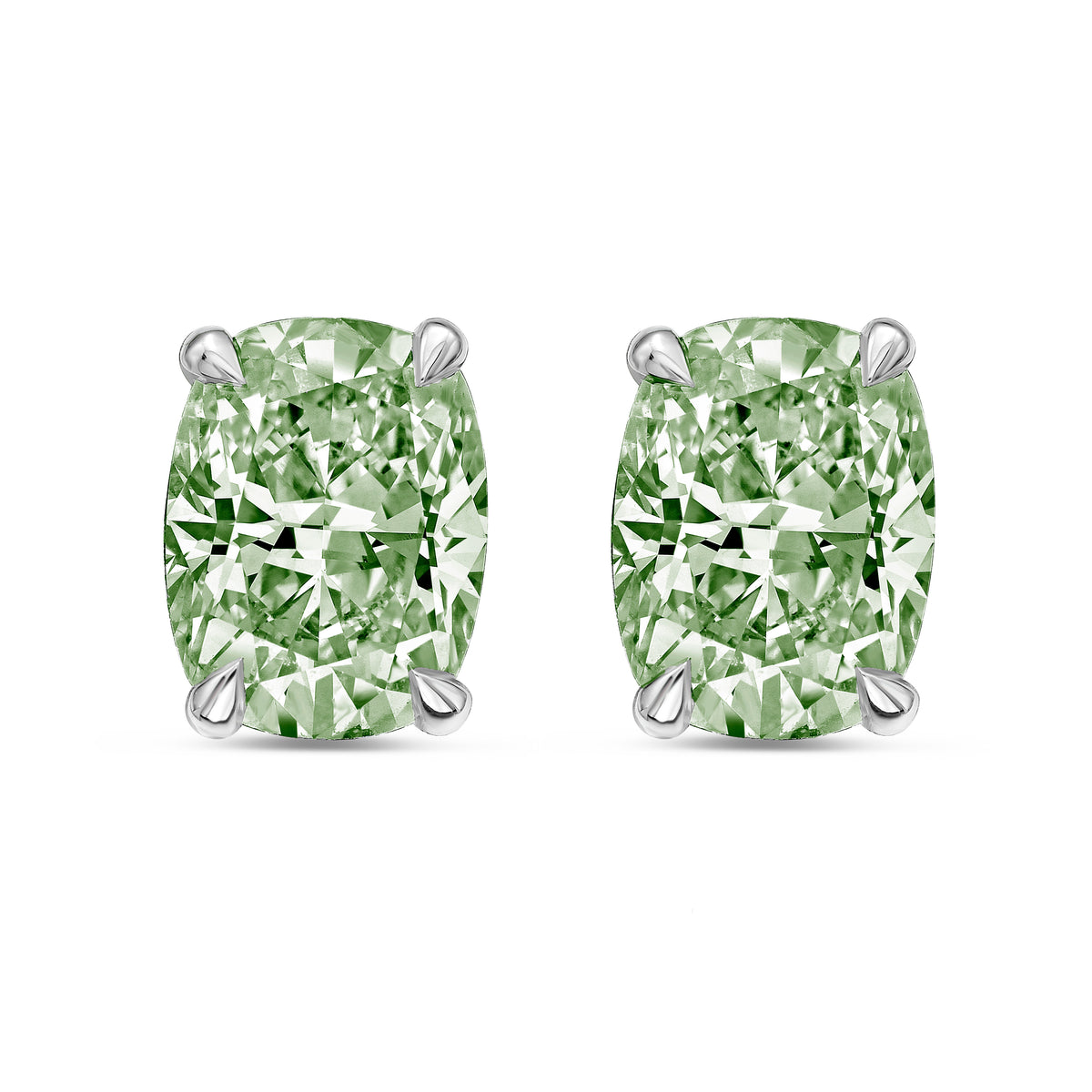 Lab-Grown Green Cushion Cut Diamond Stud Earrings, 4-Prong, 14K Gold