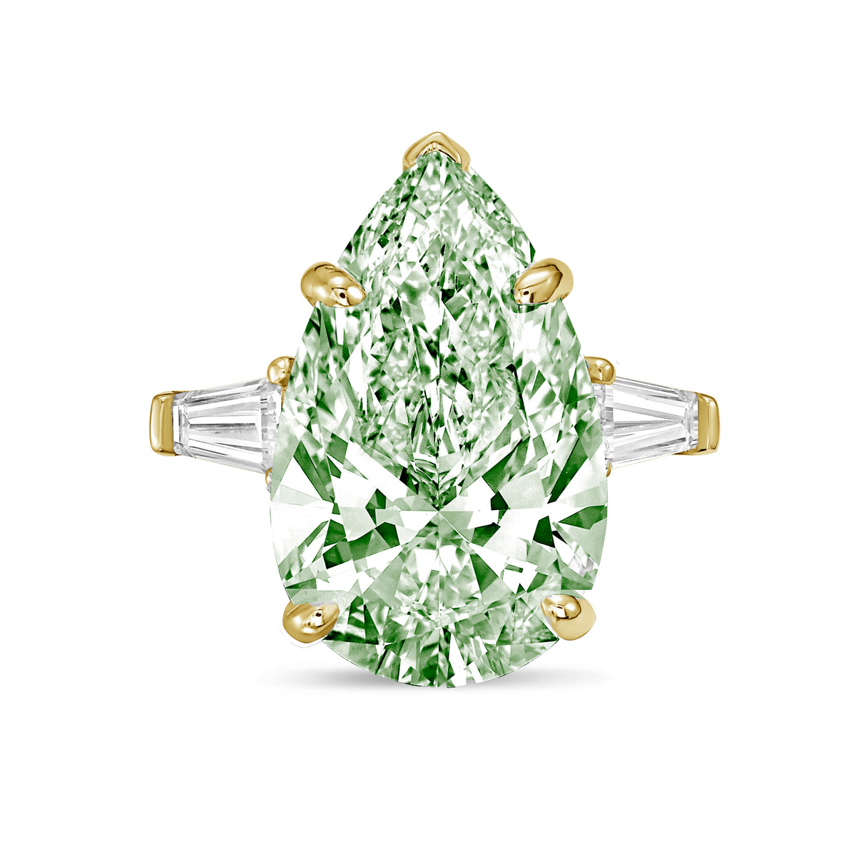 Lab-Grown Green Pear Diamond Ring with Baguettes, 14K Gold