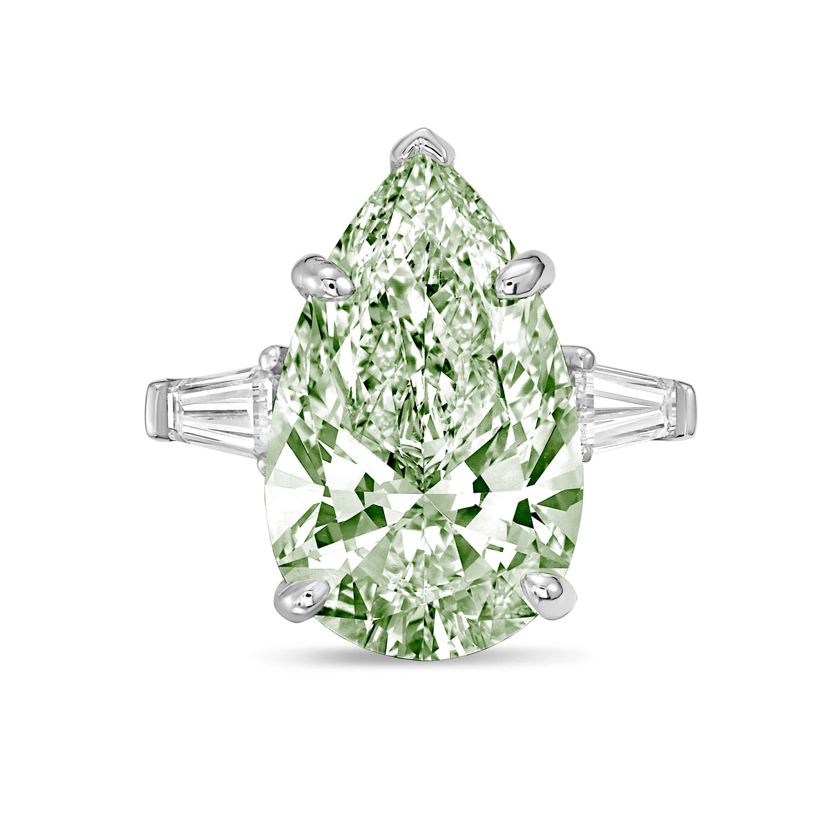 Lab-Grown Green Pear Diamond Ring with Baguettes, 14K Gold