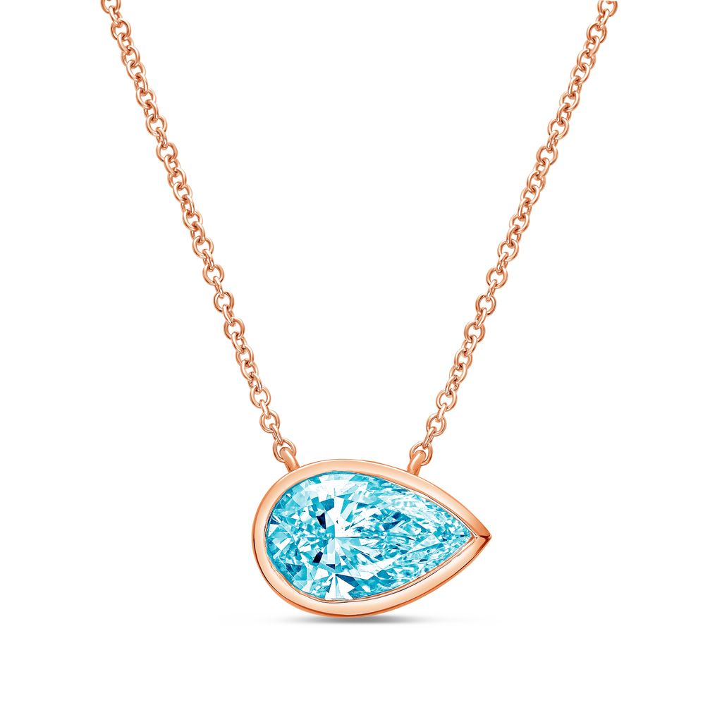 Lab-Grown Blue East-West Pear Diamond Bezel Pendant, 14K Gold