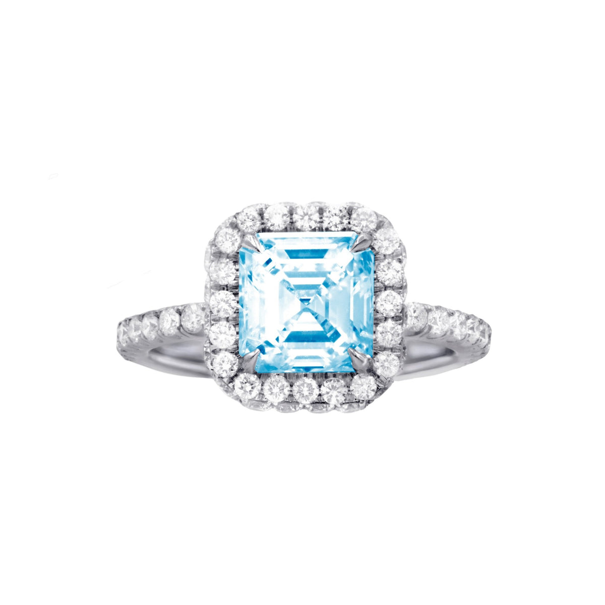 Lab-Grown Blue Asscher Diamond Halo Ring with Micropavé Band in 14K White Gold
