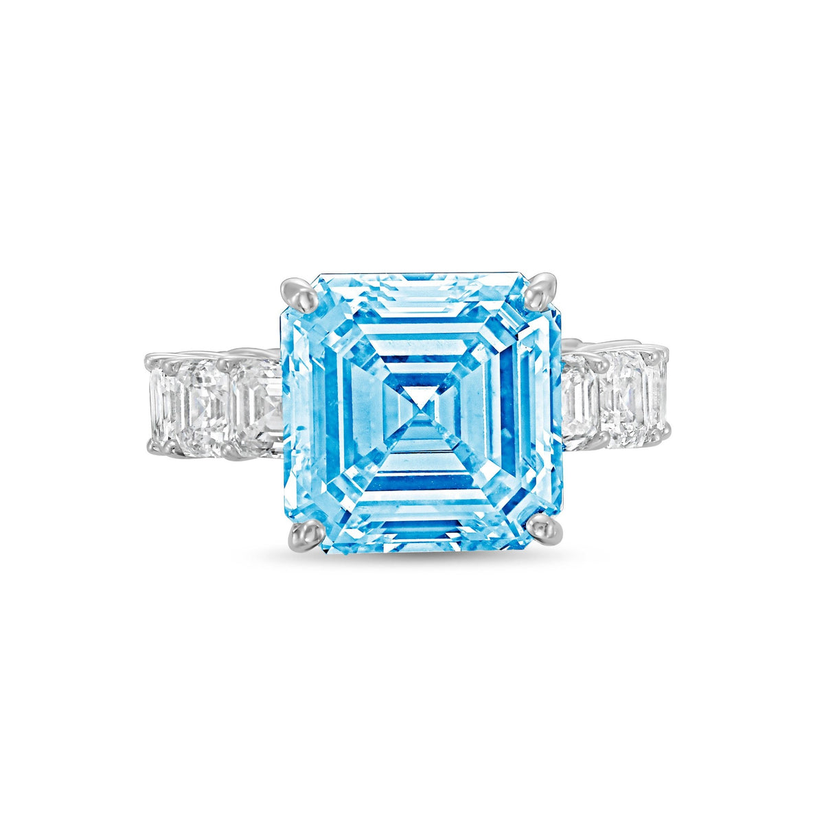 Lab-Grown Blue Asscher Diamond Ring with Asscher Eternity Band in 14K White Gold