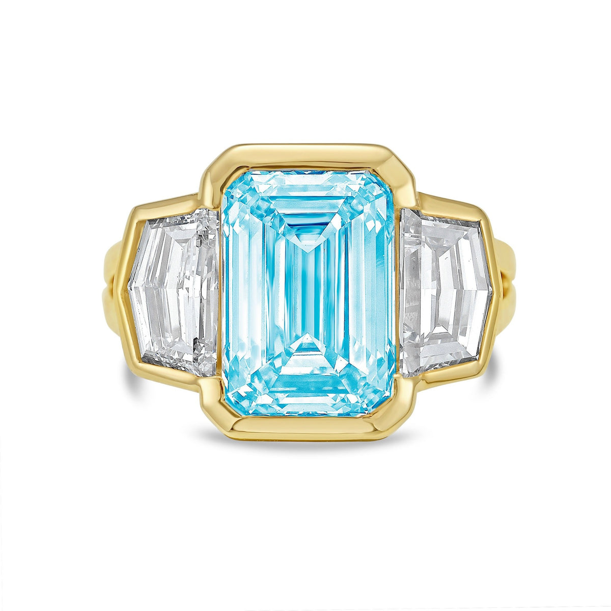 Lab-Grown Blue Emerald Cut Bezel Ring with Cadillac Sides and Split Shank in 14K Yellow Gold