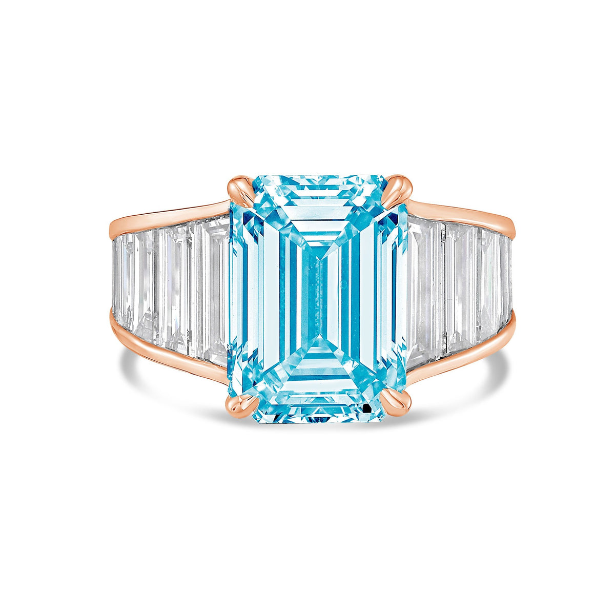 Lab-Grown Blue Emerald Cut Diamond Ring with Baguette Side Stones in 14K Rose Gold
