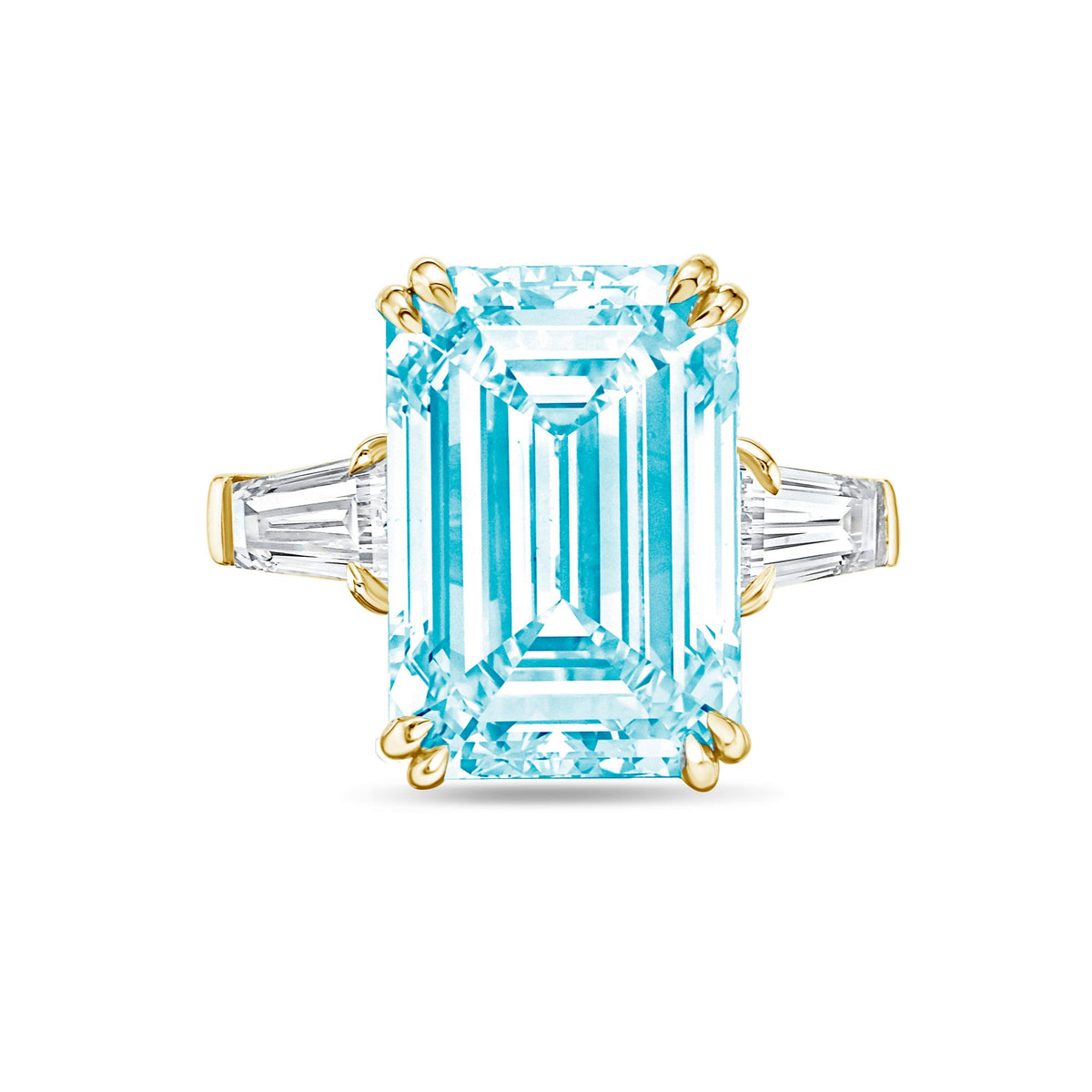 Lab-Grown Blue Emerald Cut Diamond Ring with Baguettes, Double Claw in 14K Yellow Gold