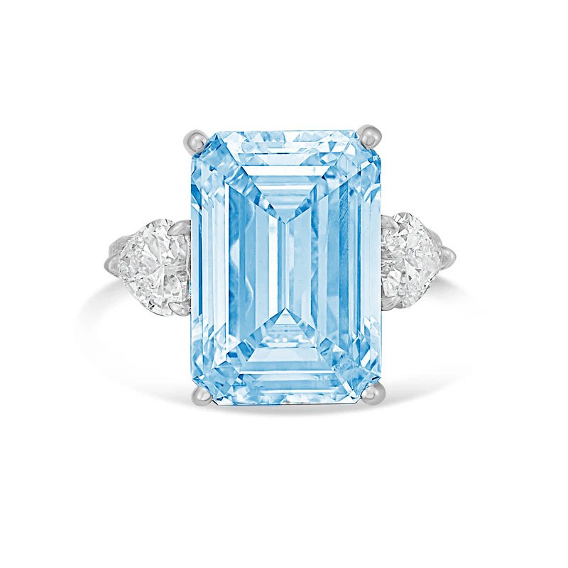 Lab-Grown Blue Emerald Cut Diamond Ring with Heart Sides and Pavé Band in 14K White Gold