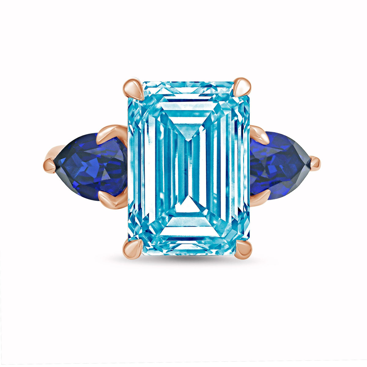 Lab-Grown Blue Emerald Cut Diamond Ring with Pear Sapphire Sides in 14K Rose Gold