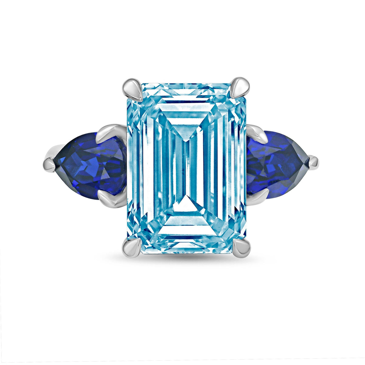Lab-Grown Blue Emerald Cut Diamond Ring with Pear Sapphire Sides in 14K White Gold