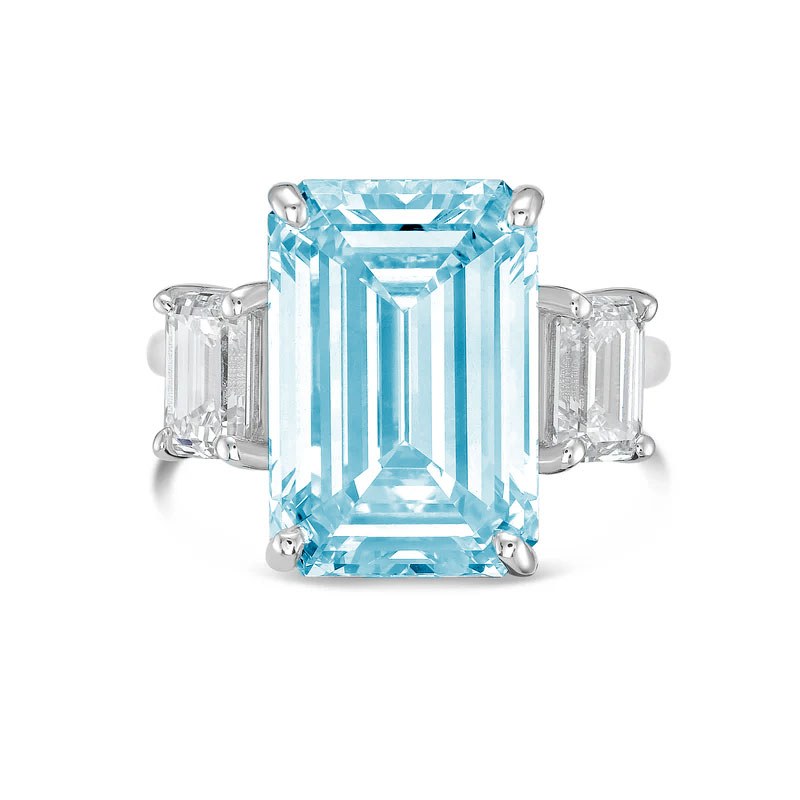 Lab-Grown Blue Emerald Cut Three Stone Ring in 14K White Gold