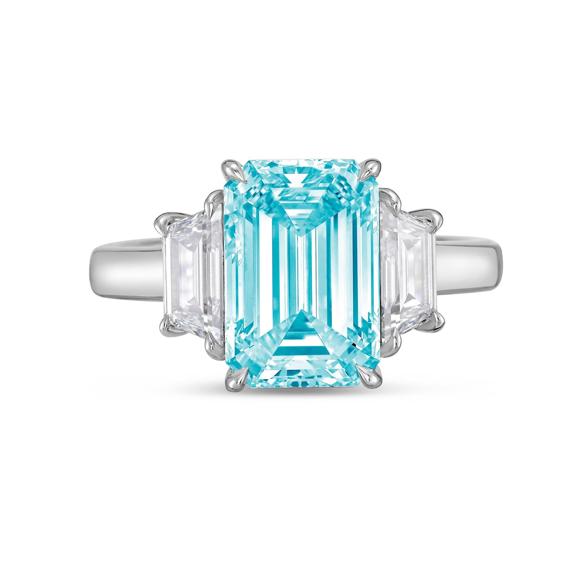 Lab-Grown Blue Emerald Cut Three-Stone Ring with Trapezoids in 14K White Gold
