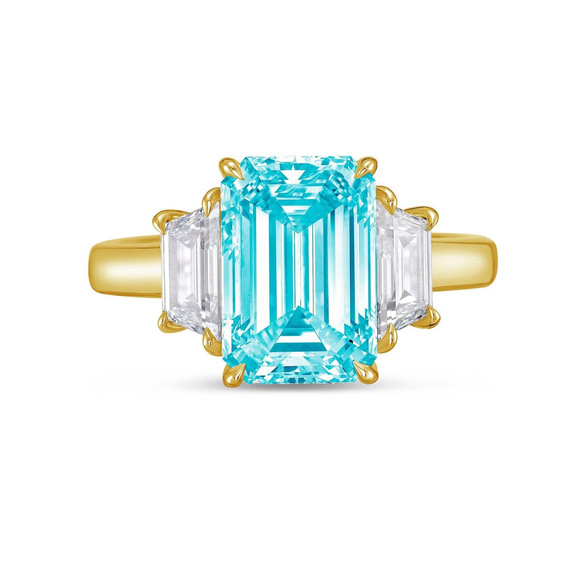 Lab-Grown Blue Emerald Cut Three-Stone Ring with Trapezoids in 14K Yellow Gold