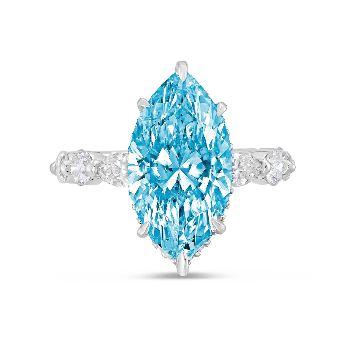 Lab-Grown Blue Marquise Diamond Engagement Ring with Diamond Sides in 14K White Gold