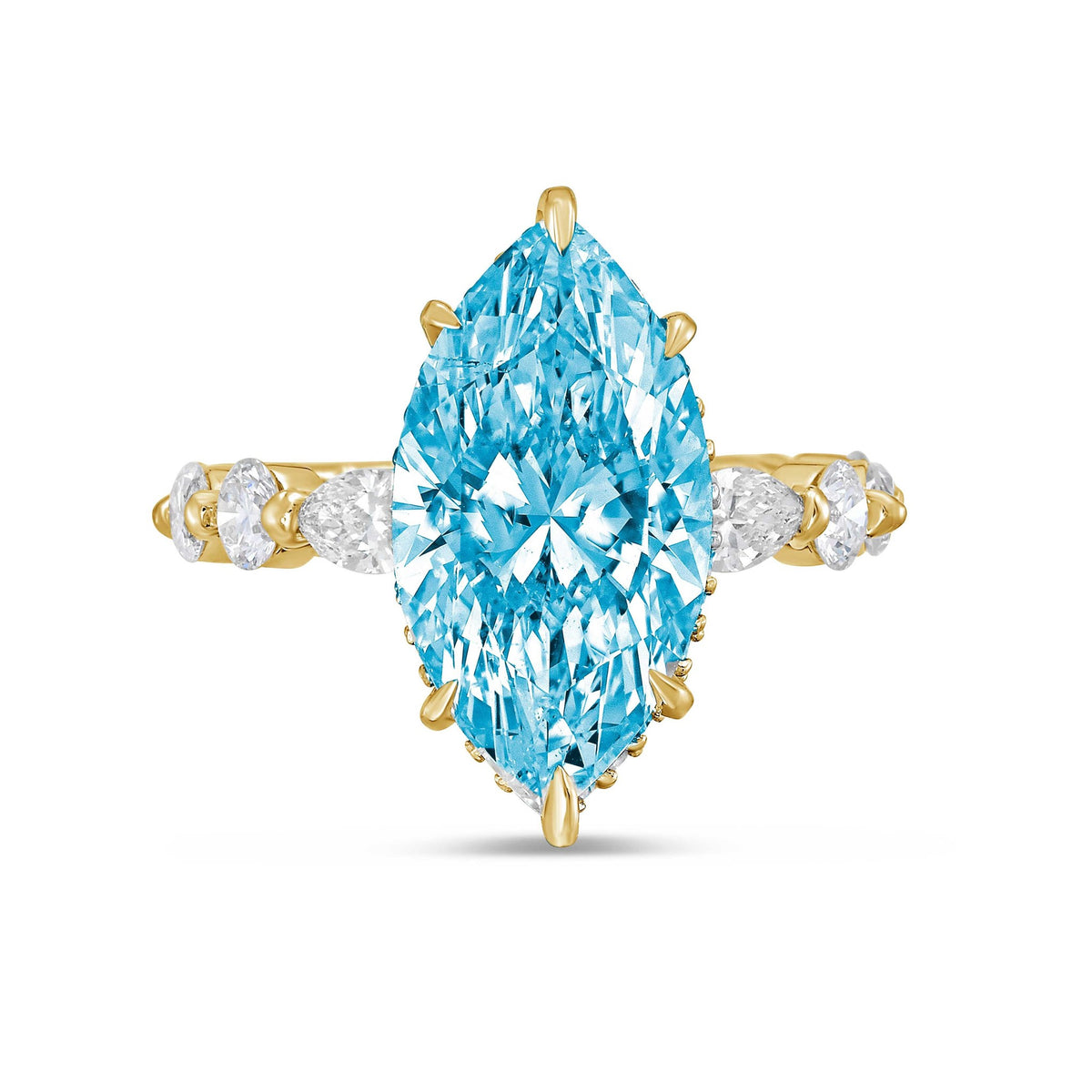 Lab-Grown Blue Marquise Diamond Engagement Ring with Diamond Sides in 14K Yellow Gold