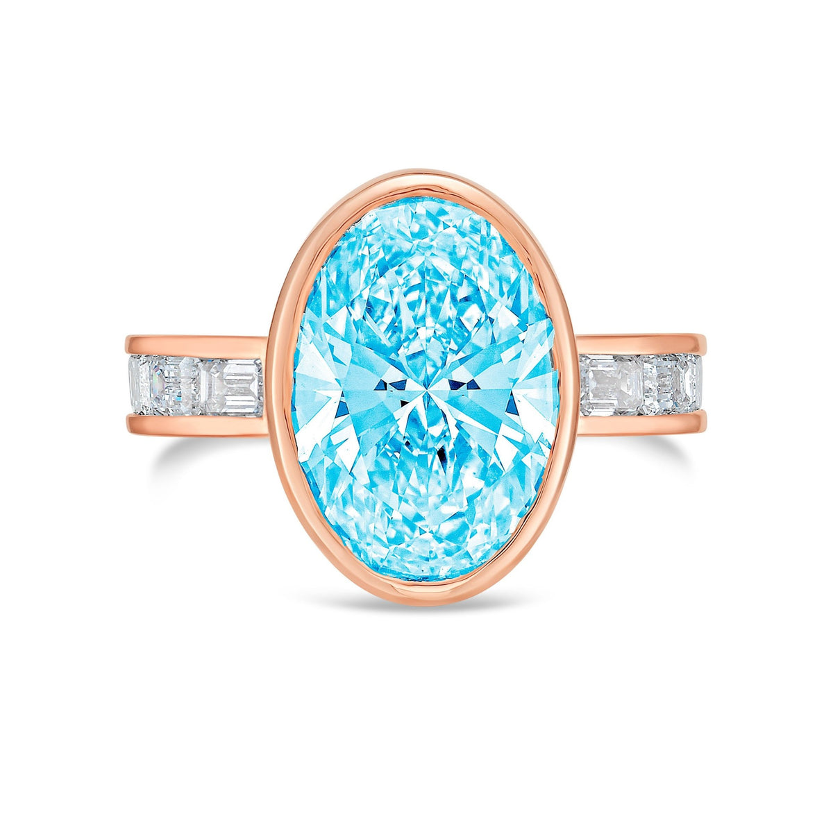 Lab-Grown Blue Oval Bezel Diamond Ring with Channel-Set Emerald Band in 14K Rose Gold