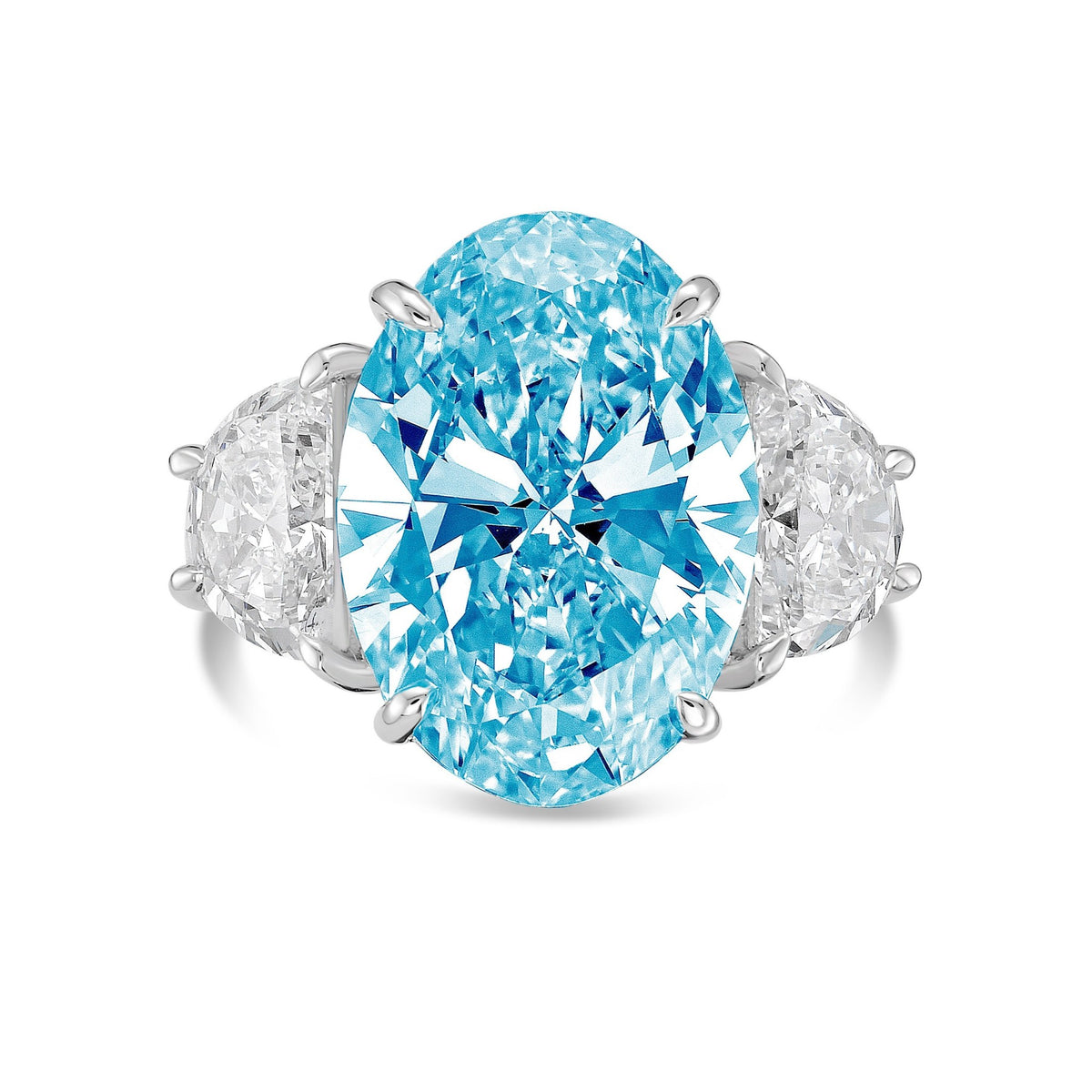 Lab-Grown Blue Oval Diamond Ring with Half Moon Sides in 14K White Gold