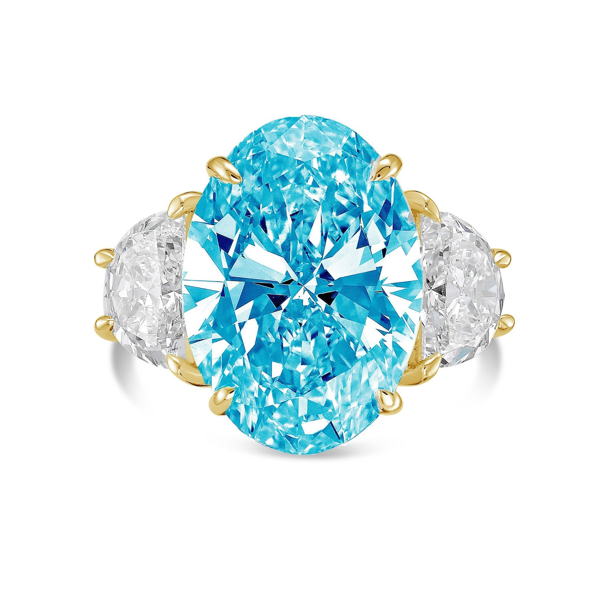 Lab-Grown Blue Oval Diamond Ring with Half Moon Sides in 14K Yellow Gold