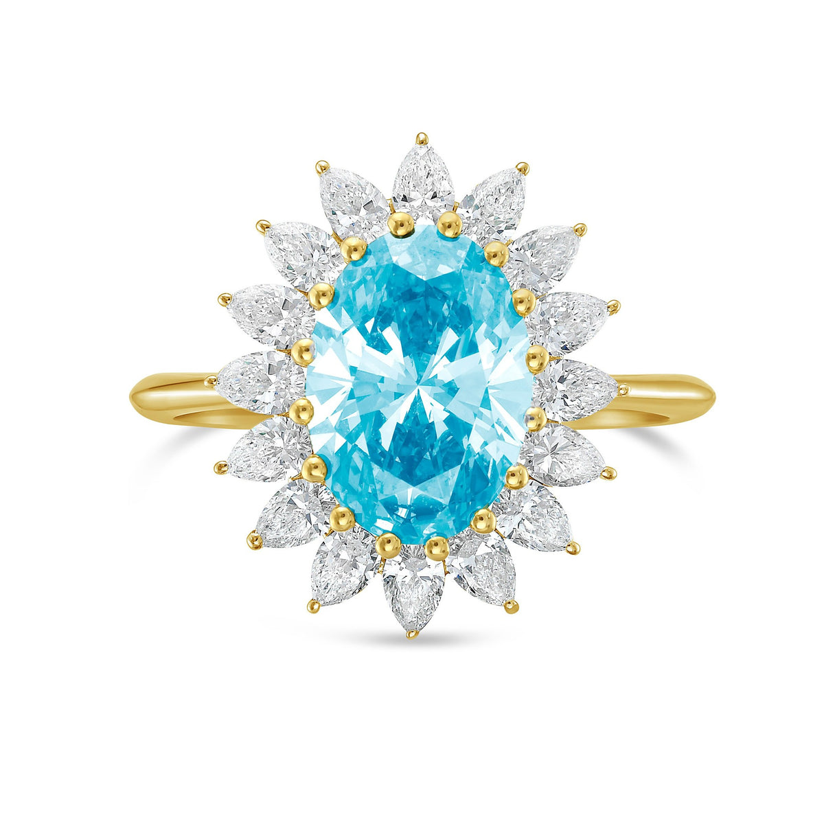 Lab-Grown Blue Oval Diamond Ring with Pear Diamond Halo in 14K Yellow Gold