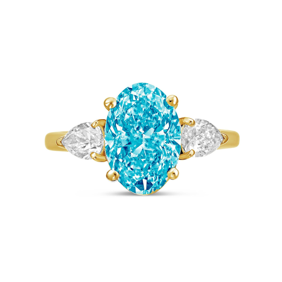 Lab-Grown Blue Oval Diamond Ring with Pear Sides in 14K Yellow Gold