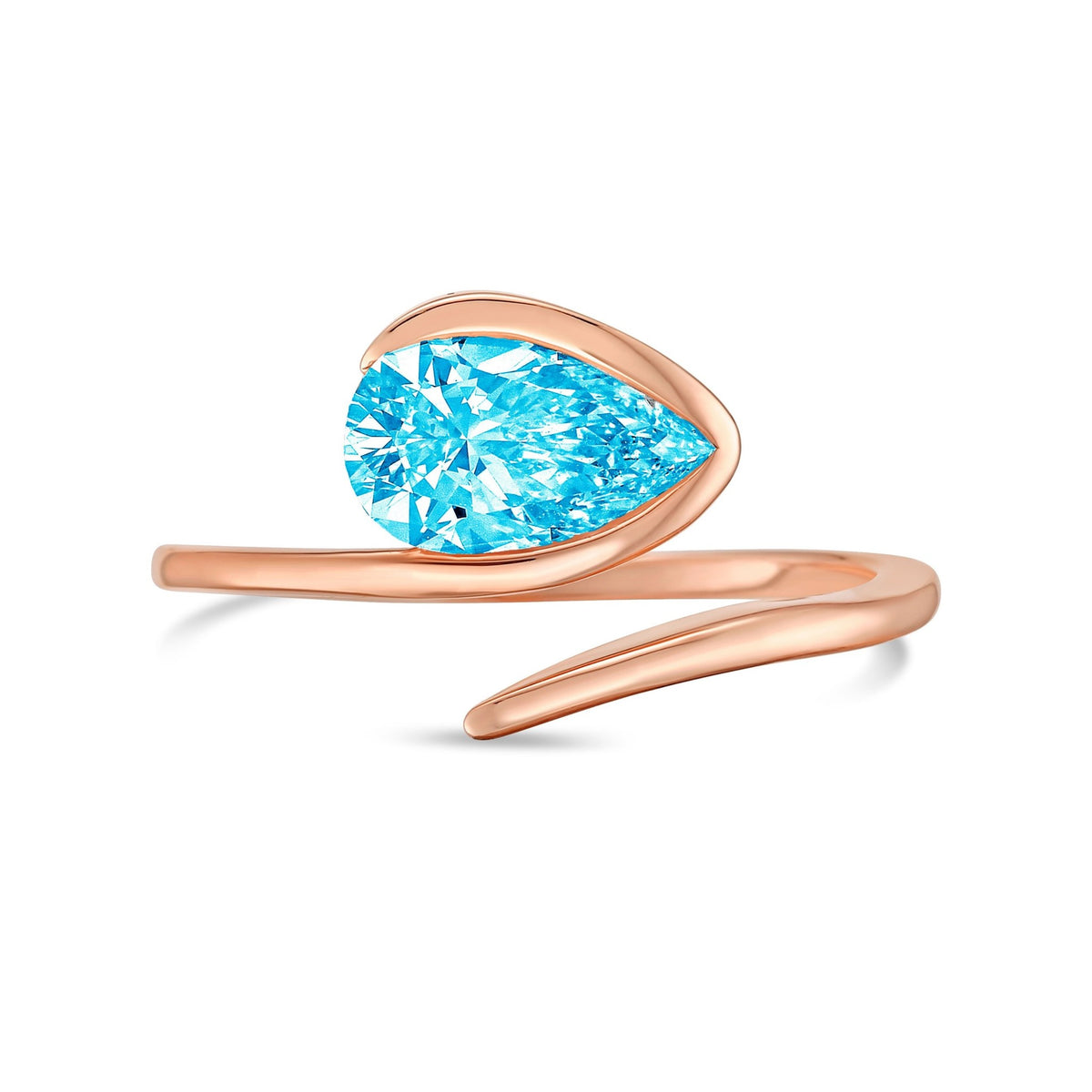 Lab-Grown Blue Pear Diamond Bypass Ring with Open Band in 14K Rose Gold