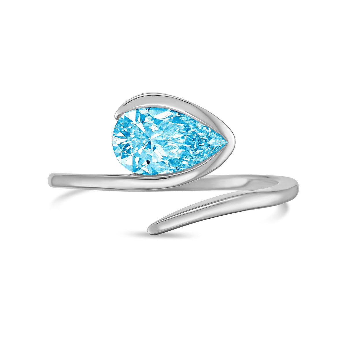 Lab-Grown Blue Pear Diamond Bypass Ring with Open Band in 14K White Gold