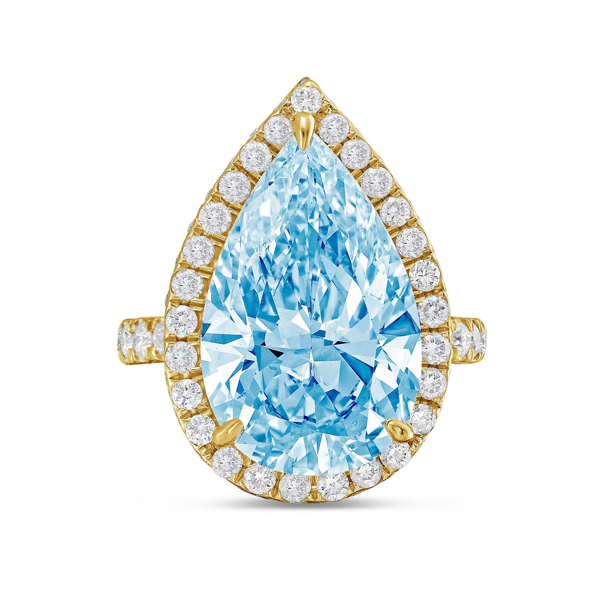 Lab-Grown Blue Pear Diamond Halo Ring with Micropavé Band in 14K Yellow Gold
