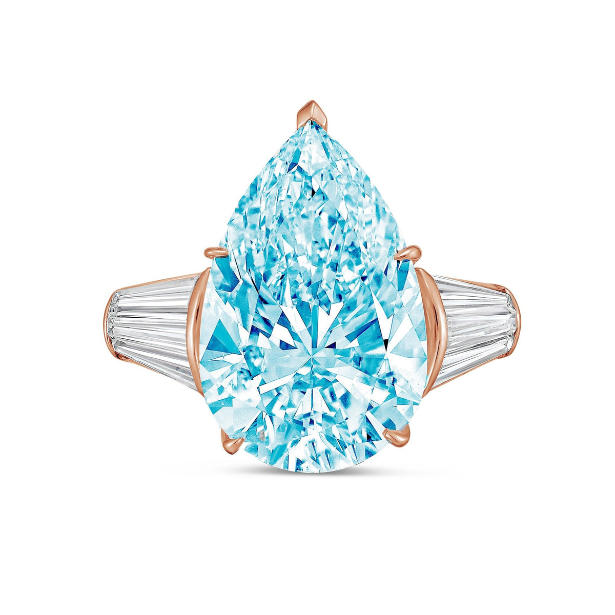 Lab-Grown Blue Pear Diamond Ring with Two Baguettes in 14K Rose Gold