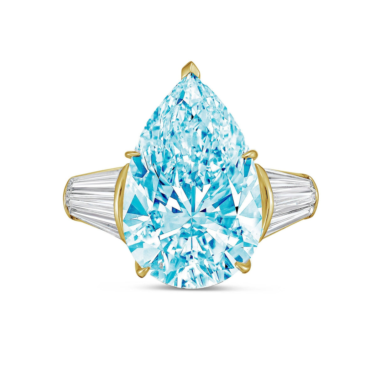 Lab-Grown Blue Pear Diamond Ring with Two Baguettes in 14K Yellow Gold