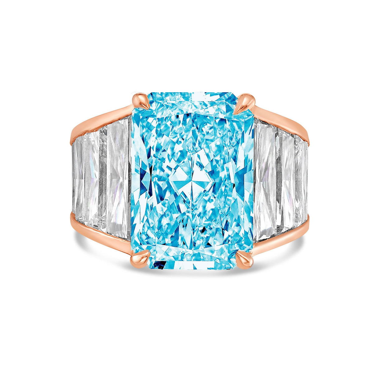 Lab-Grown Blue Radiant Cut Diamond Ring with Tapered Baguettes in 14K Rose Gold