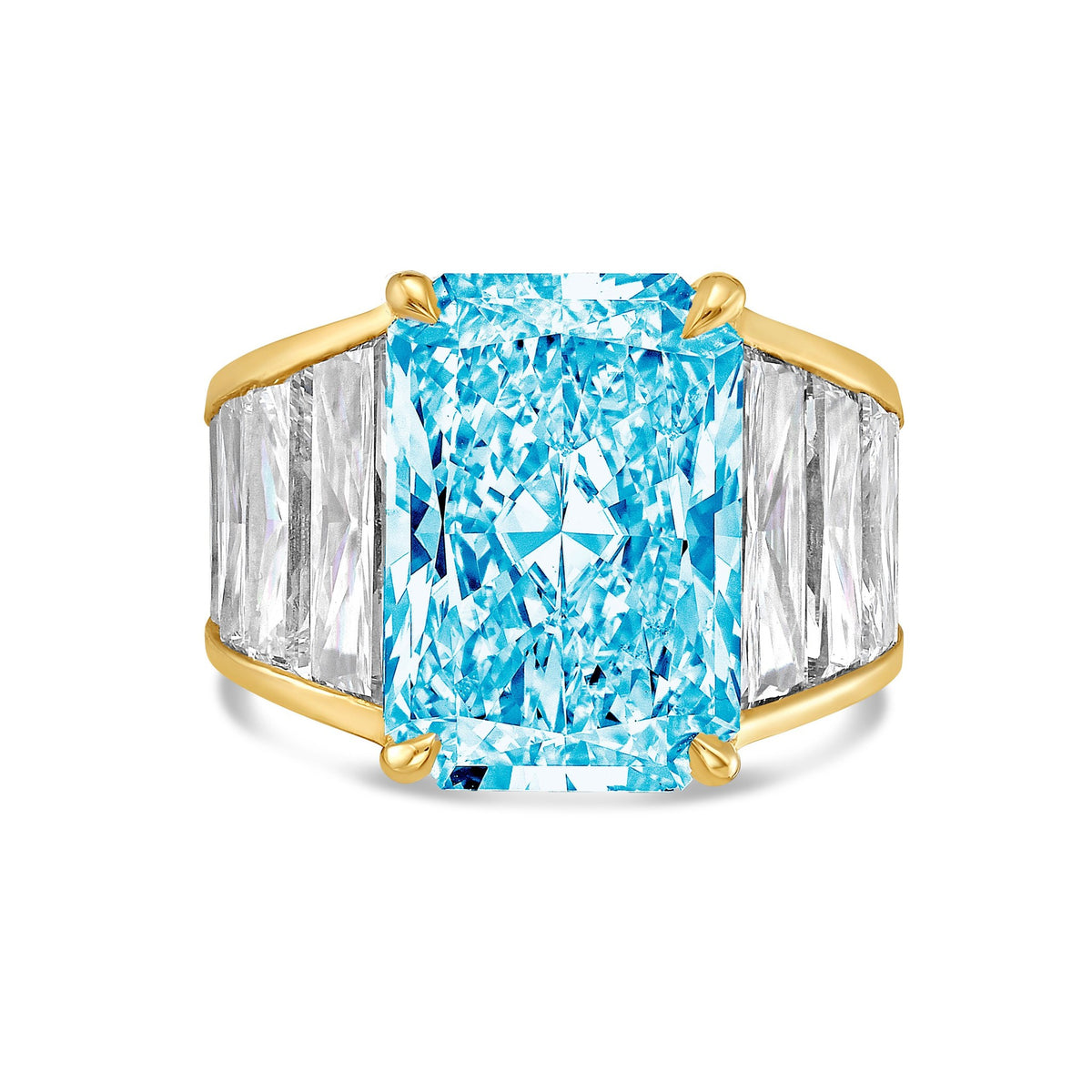 Lab-Grown Blue Radiant Cut Diamond Ring with Tapered Baguettes in 14K Yellow Gold