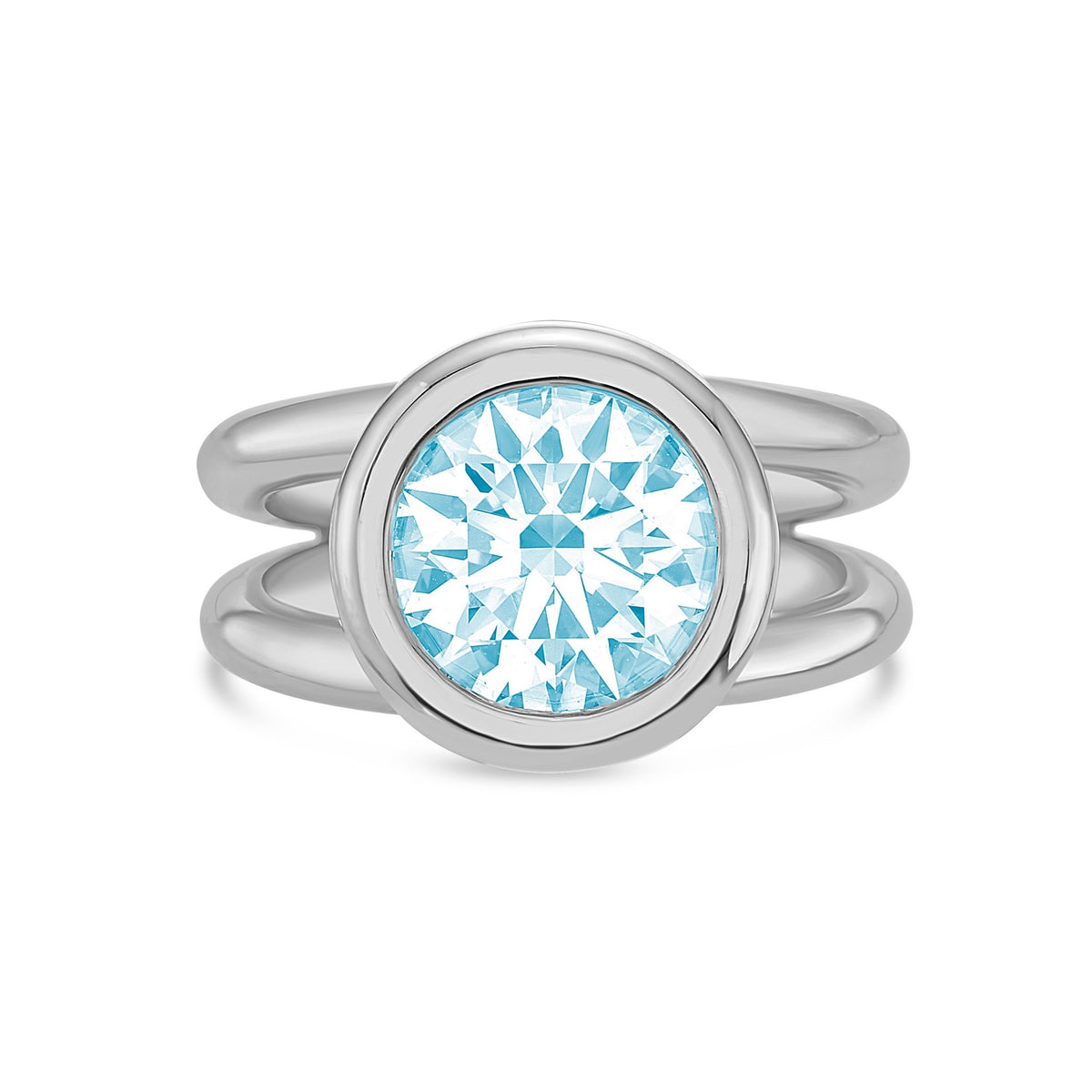 Lab-Grown Blue Round Diamond Bezel Ring with Split Shank in 14K White Gold