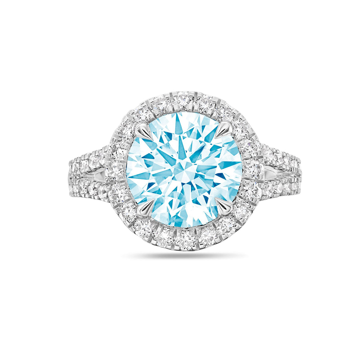 Lab-Grown Blue Round Diamond Halo Split Shank Engagement Ring in 14K White Gold