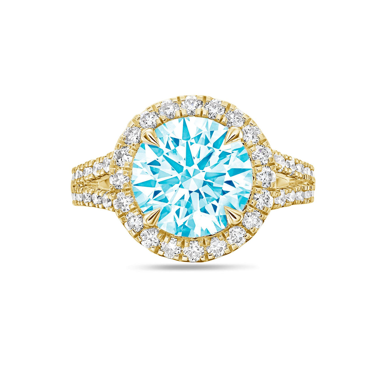 Lab-Grown Blue Round Diamond Halo Split Shank Engagement Ring in 14K Yellow Gold