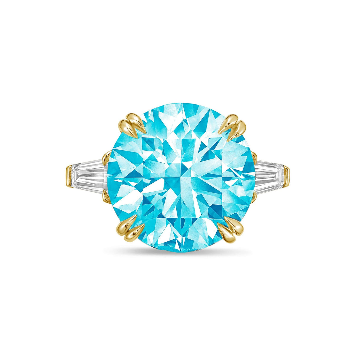 Lab-Grown Blue Round Diamond Ring with Baguettes, Double Claw in 14K Yellow Gold