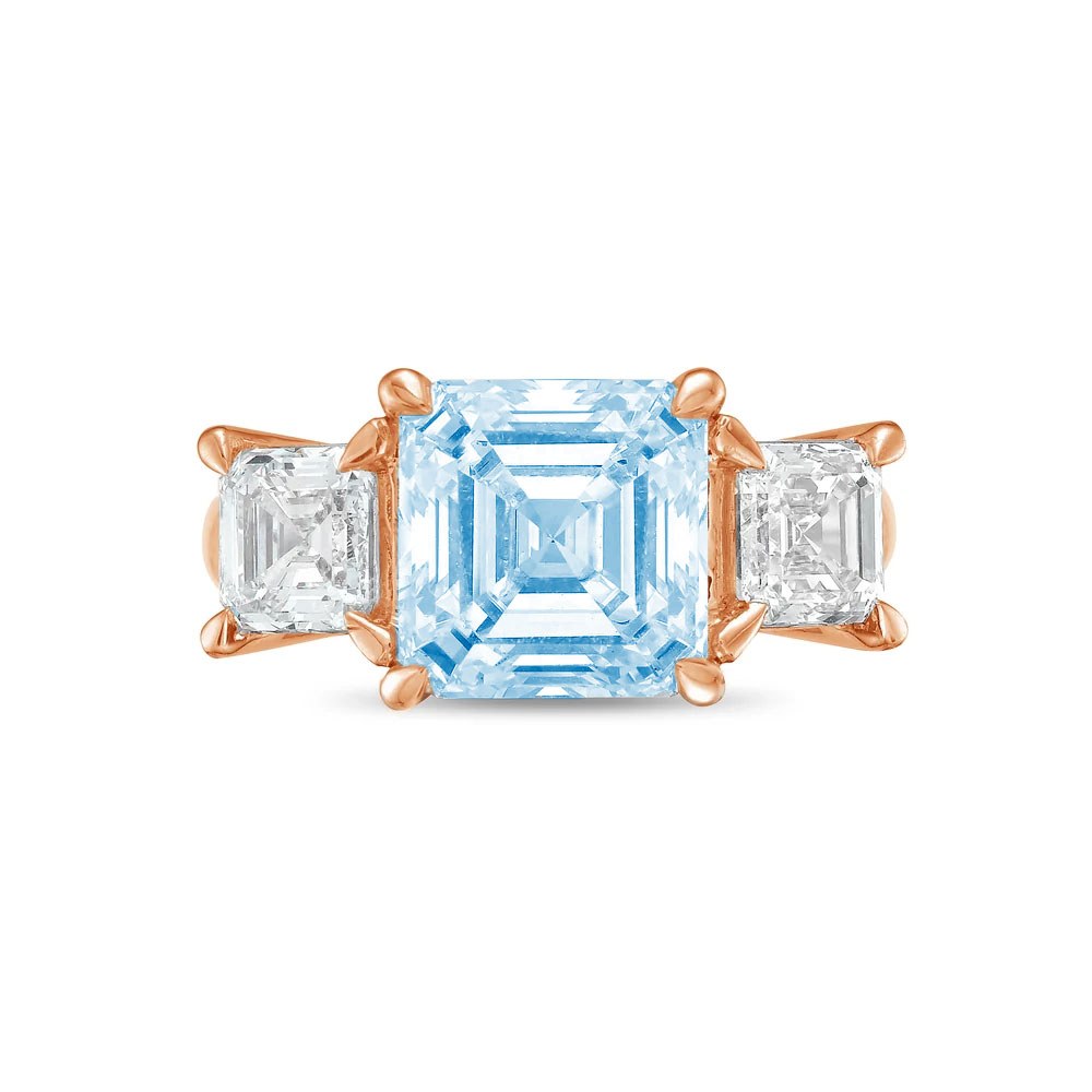 Lab-Grown Blue Three-Stone Asscher Diamond Engagement Ring in 14K Rose Gold
