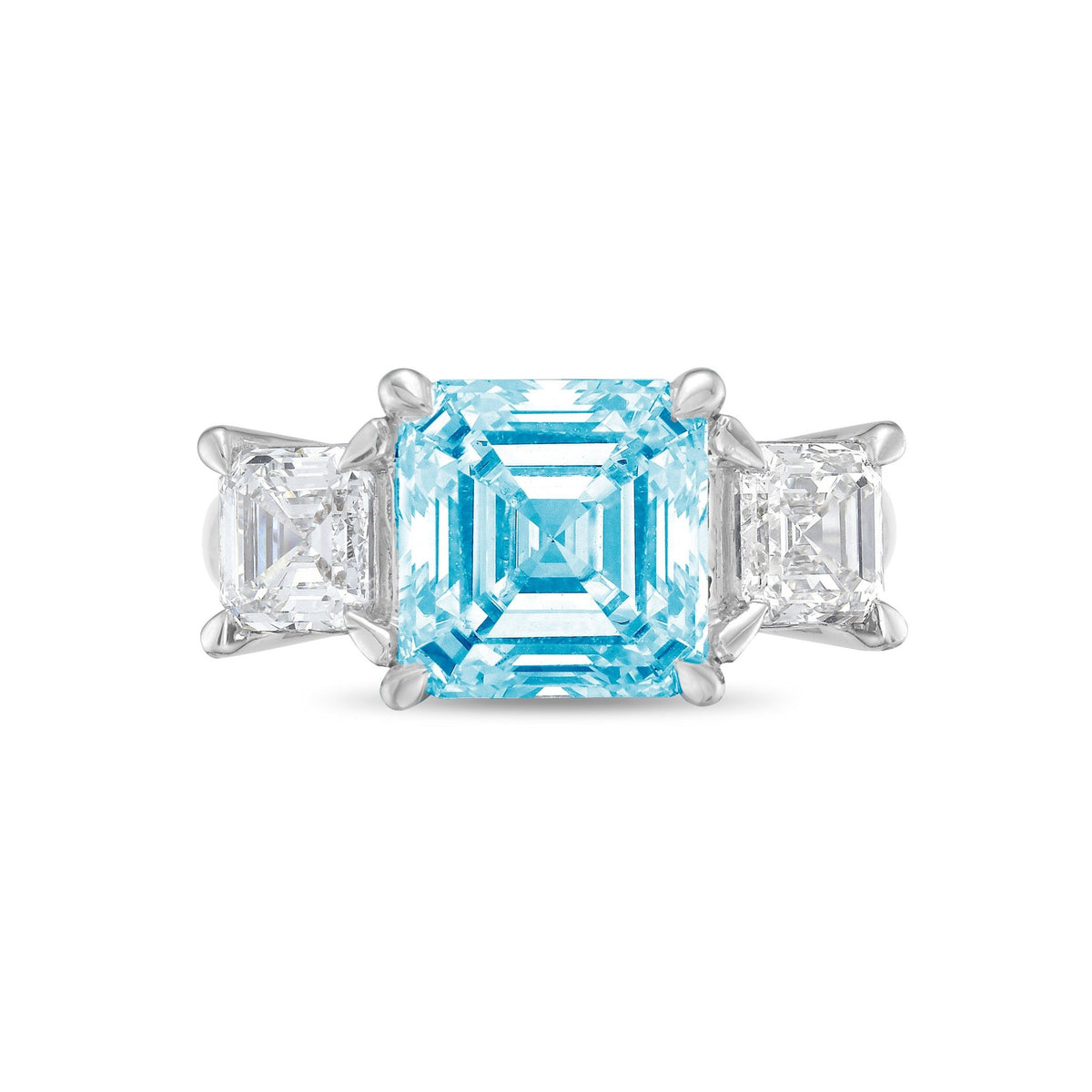 Lab-Grown Blue Three-Stone Asscher Diamond Engagement Ring in 14K White Gold
