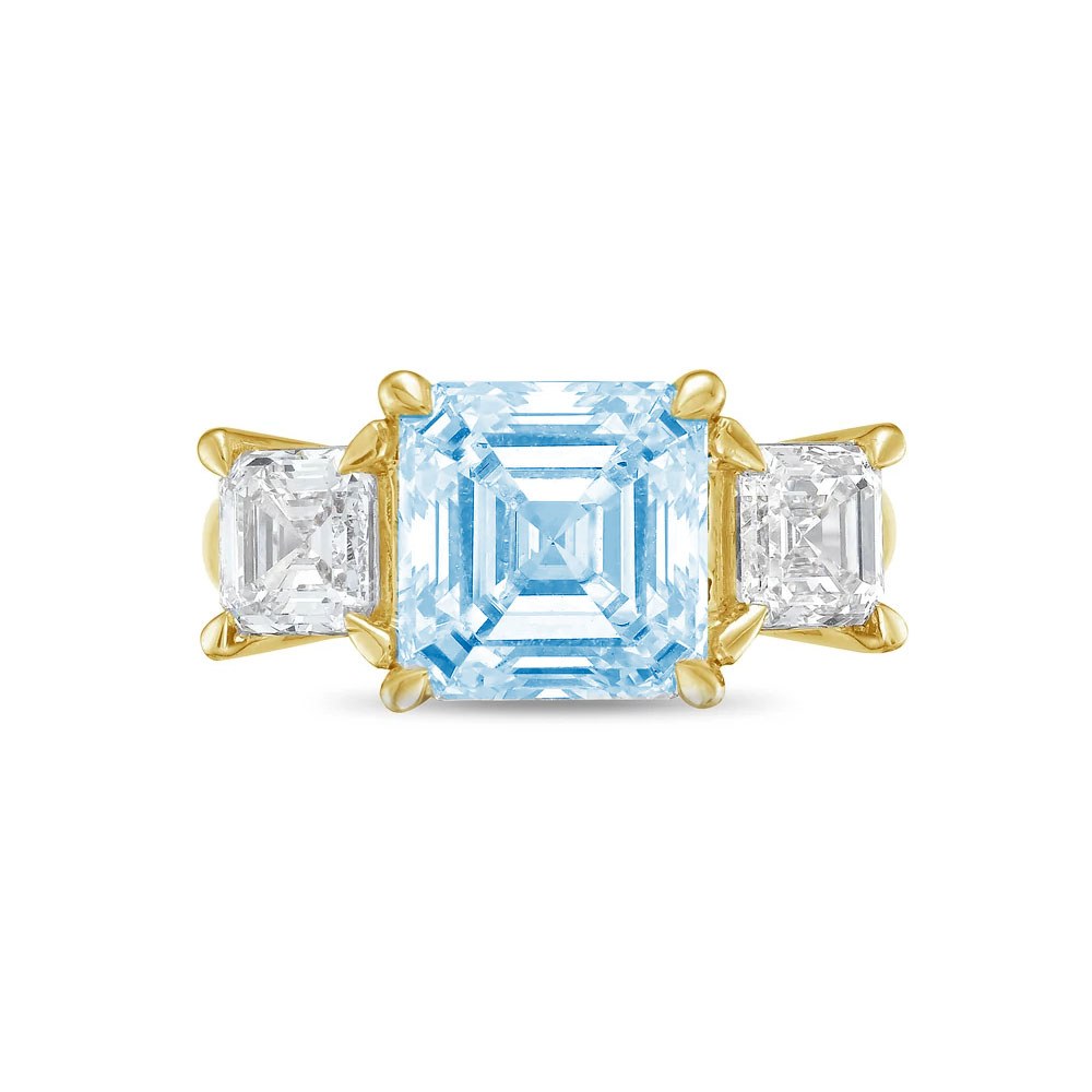 Lab-Grown Blue Three-Stone Asscher Diamond Engagement Ring in 14K Yellow Gold