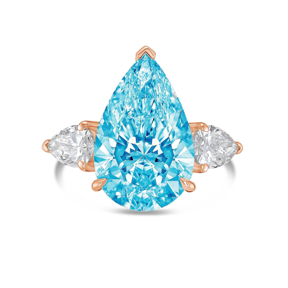 Lab-Grown Blue Three-Stone Pear Diamond Engagement Ring in 14K Rose Gold