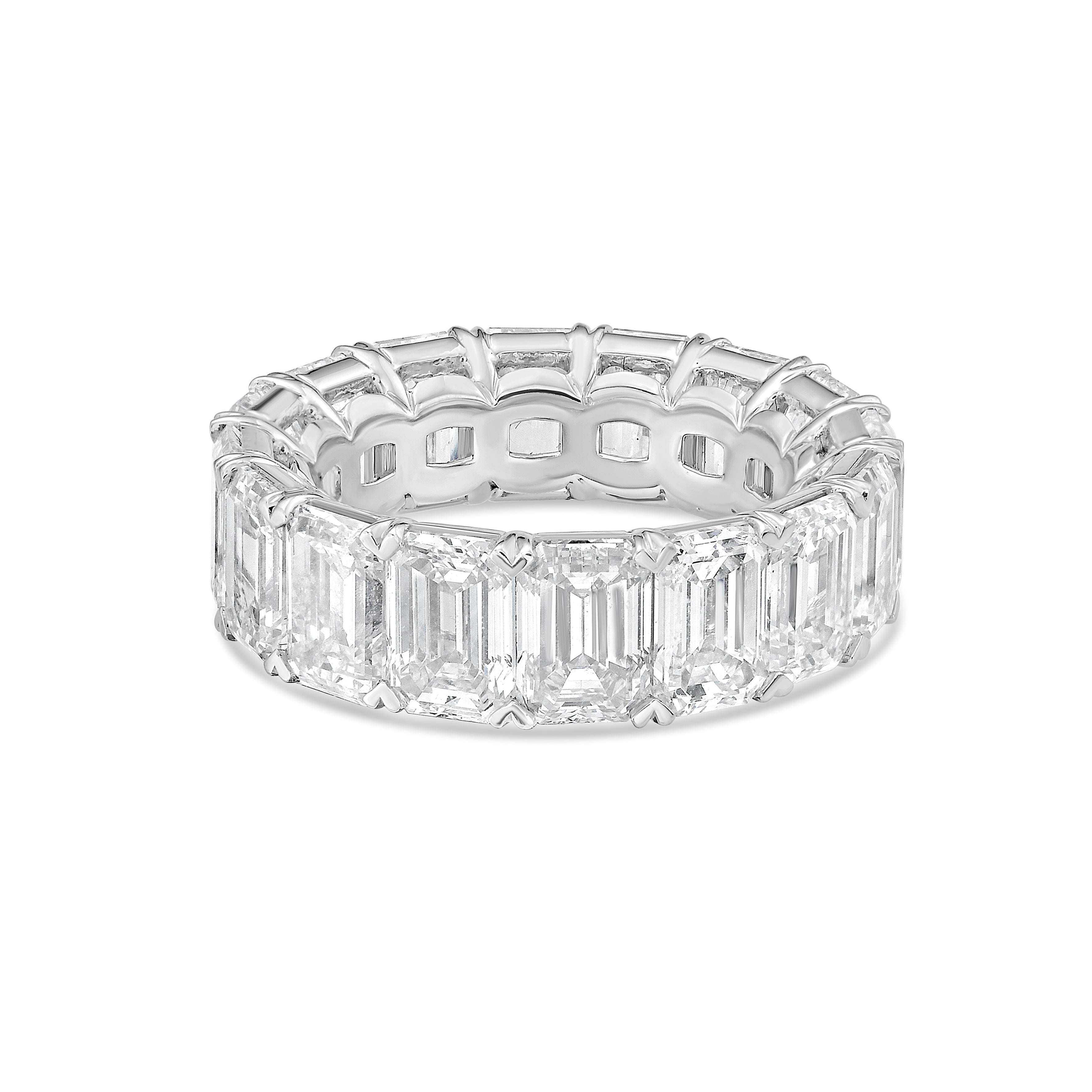 Lab-grown emerald cut diamond eternity band in 14k white gold, full circle basket setting