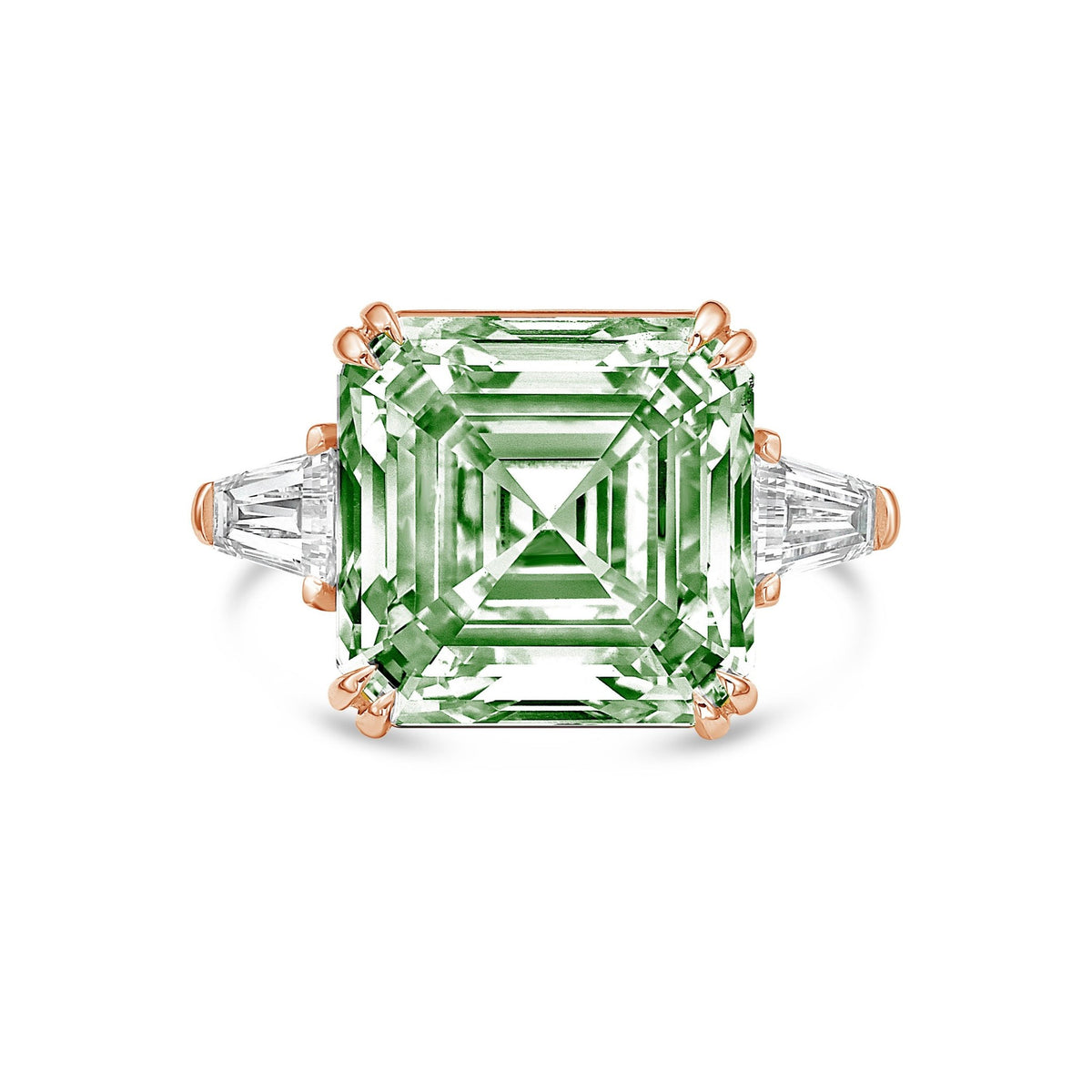 Lab-Grown Green Asscher Diamond Ring with Baguettes in 14K Rose Gold