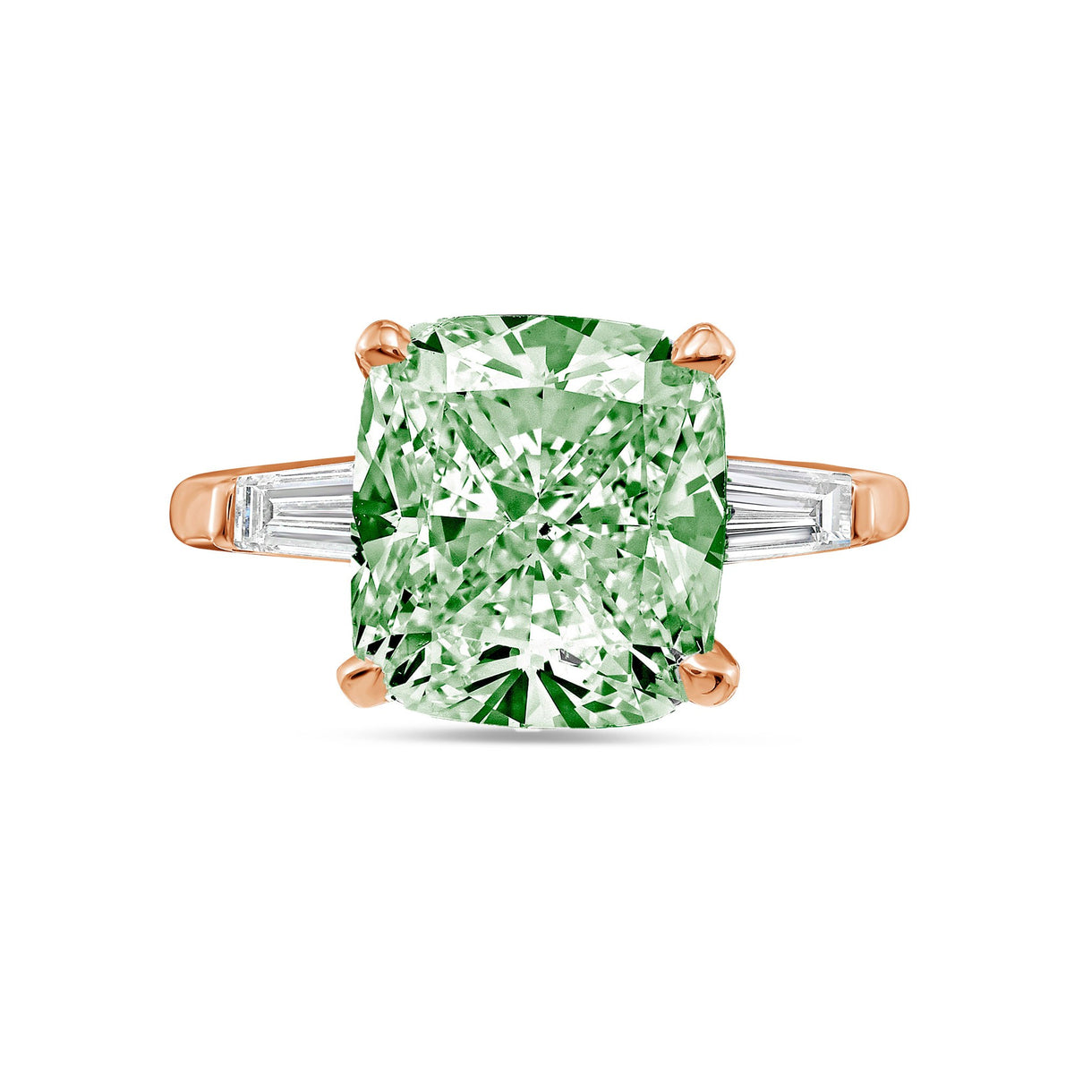Lab-Grown Green Cushion Diamond Ring with Baguettes in 14K Rose Gold