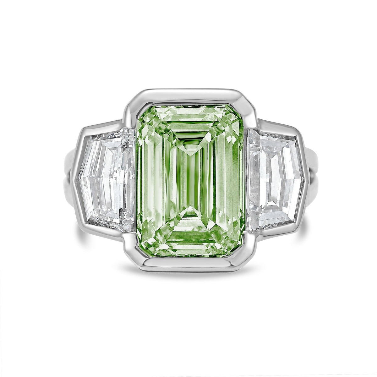 Lab-Grown Green Emerald Cut Bezel Ring with Cadillac Sides and Split Shank in 14K White Gold