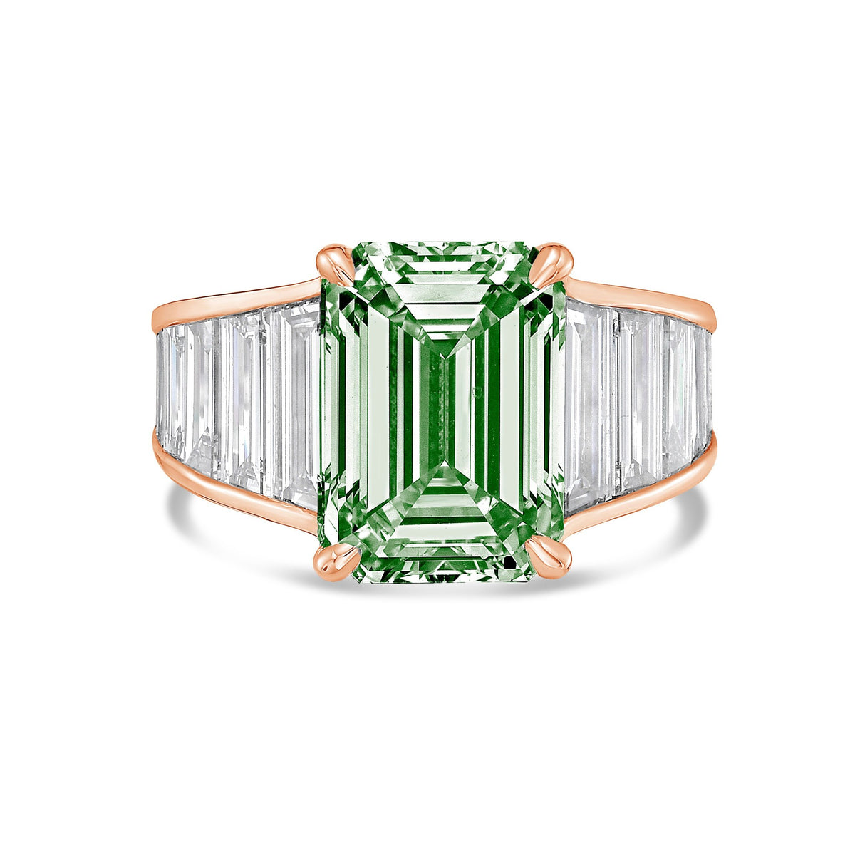 Lab-Grown Green Emerald Cut Diamond Ring with Baguette Side Stones in 14K Rose Gold