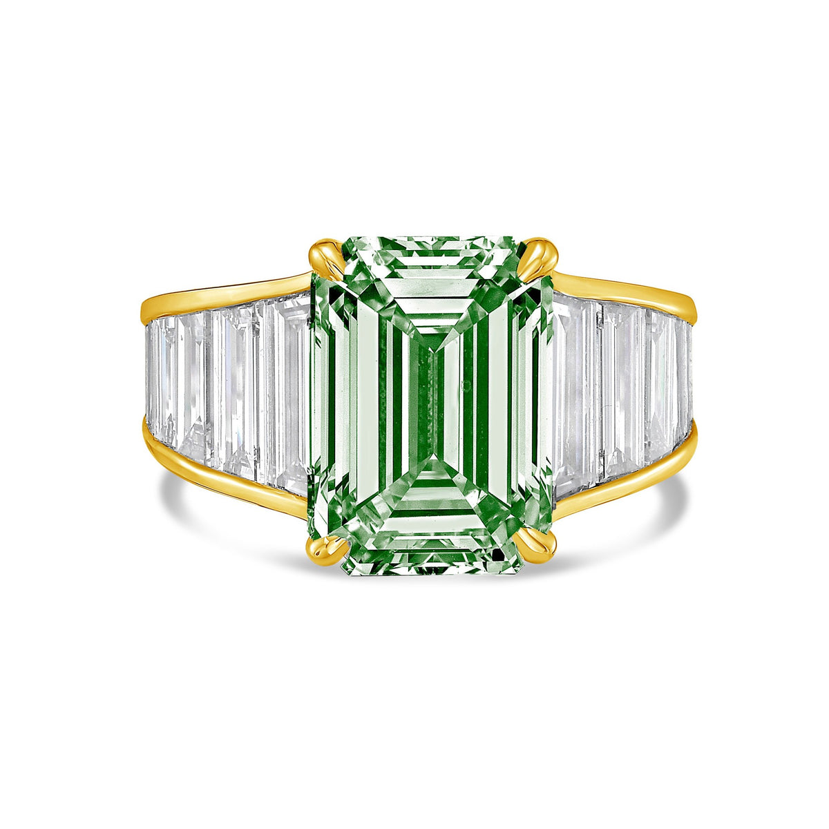 Lab-Grown Green Emerald Cut Diamond Ring with Baguette Side Stones in 14K Yellow Gold