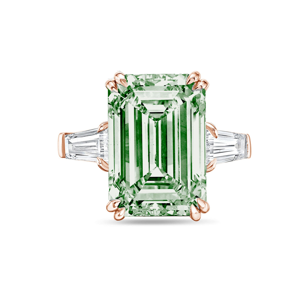 Lab-Grown Green Emerald Cut Diamond Ring with Baguettes, Double Claw in 14K Rose Gold