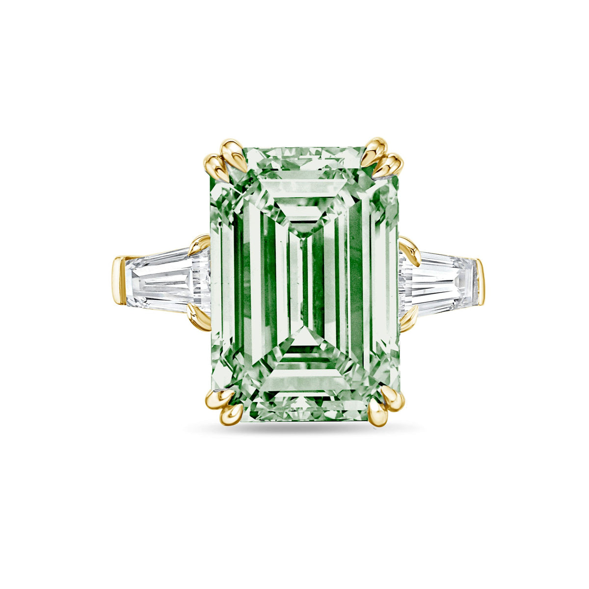 Lab-Grown Green Emerald Cut Diamond Ring with Baguettes, Double Claw in 14K Yellow Gold