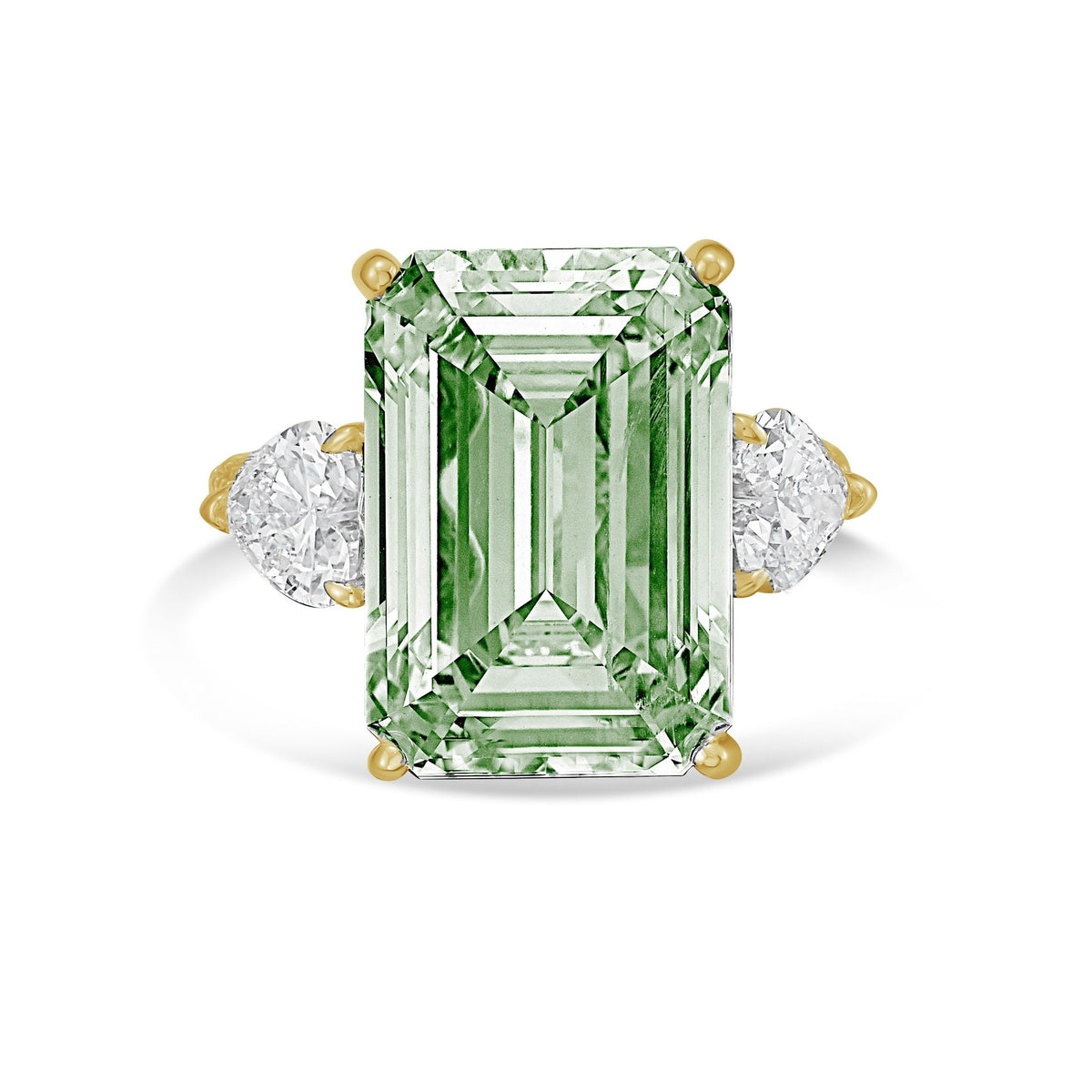 Lab-Grown Green Emerald Cut Diamond Ring with Heart Sides and Pavé Band in 14K Yellow Gold