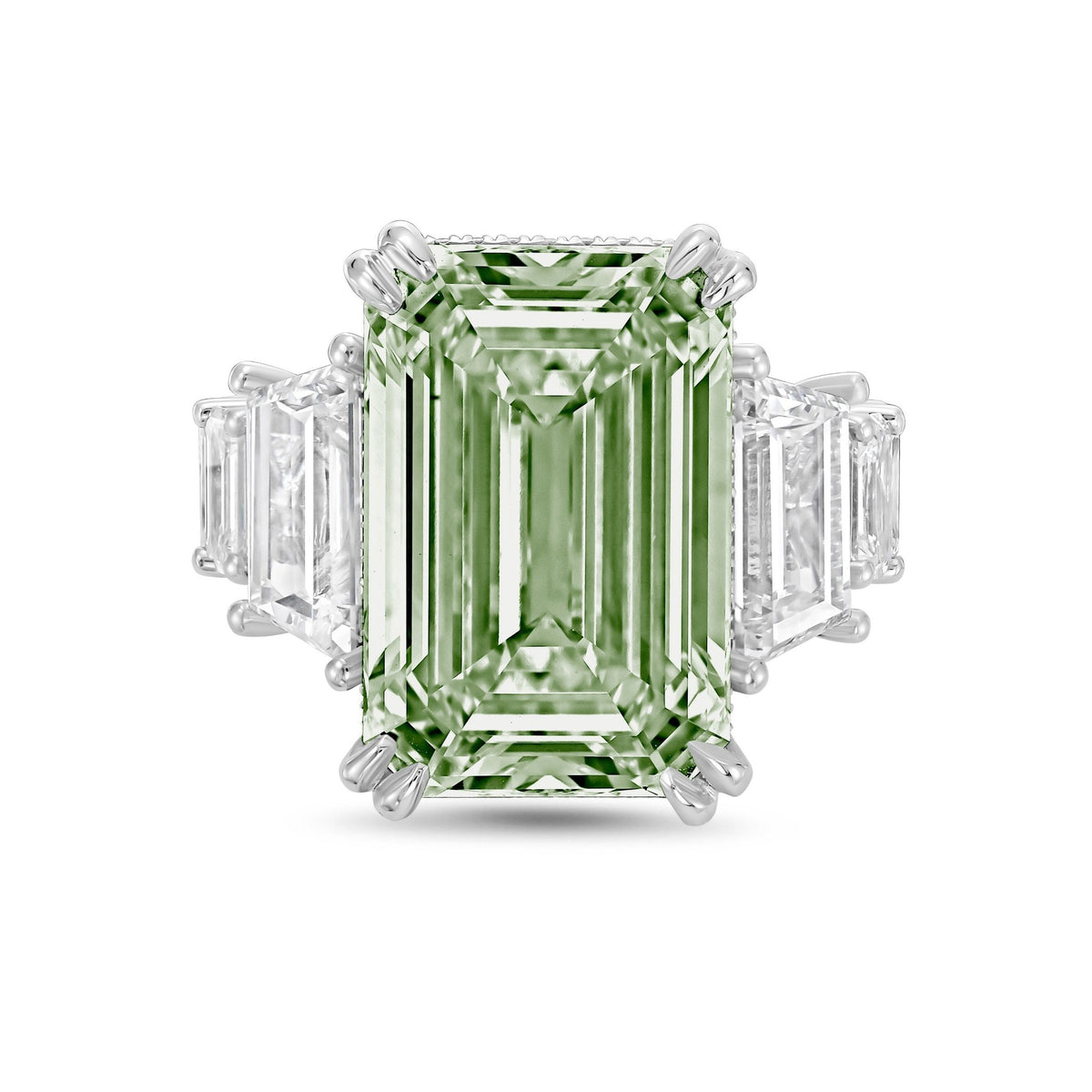 Lab-Grown Green Emerald Cut Hidden Halo Ring with Trapezoid and Emerald Sides in 14K White Gold