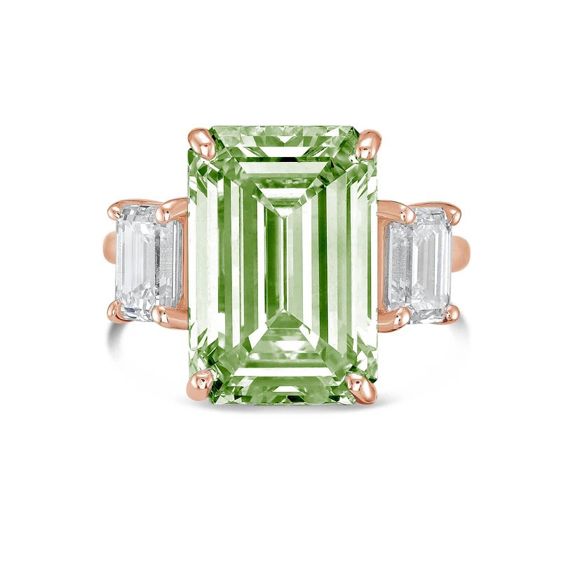Lab-Grown Green Emerald Cut Three Stone Ring in 14K Rose Gold