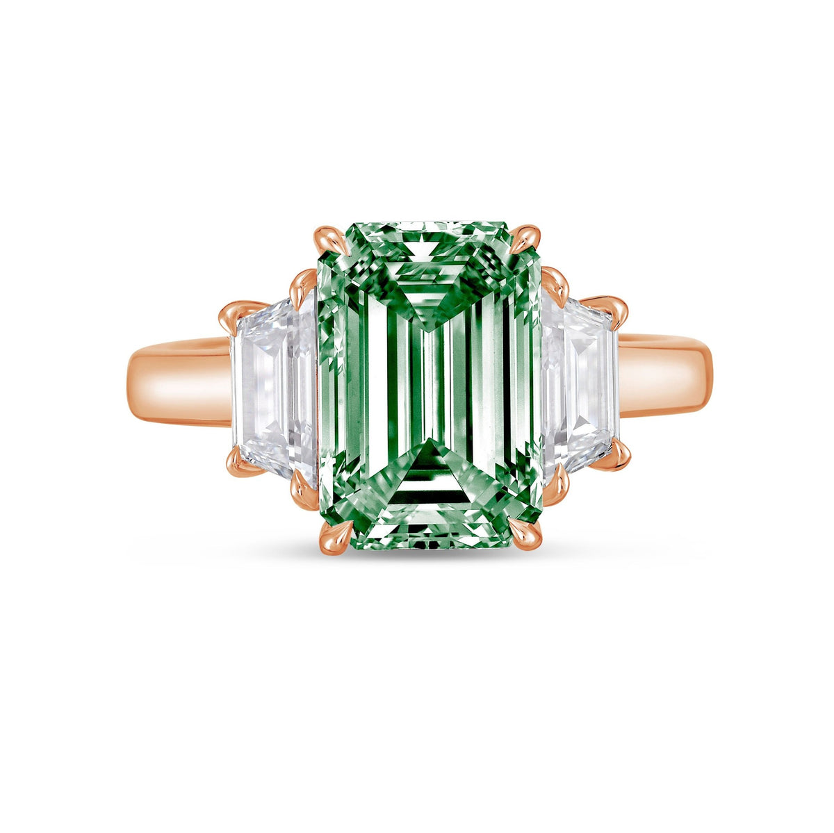 Lab-Grown Green Emerald Cut Three-Stone Ring with Trapezoids in 14K Rose Gold